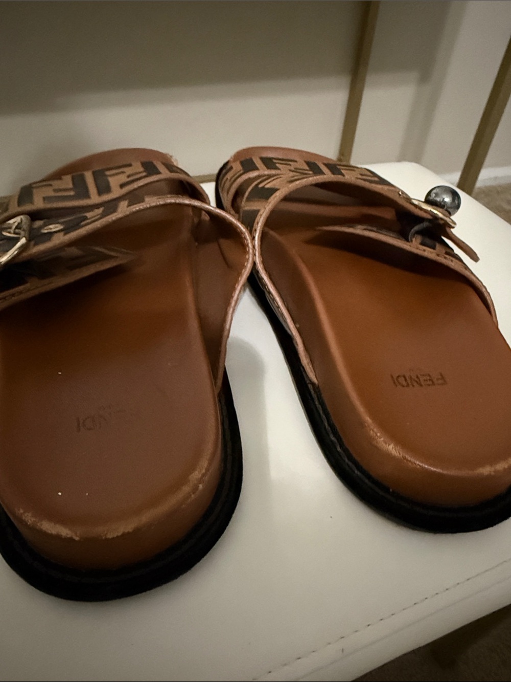 Fendi Tan and Black FF Logo Double Strap Slide Sandals - Picture 3 of 7